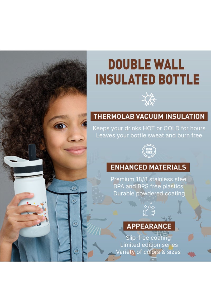 Insulated Kids Water Bottle With Straw Lid - 410ml, Doxie Dots