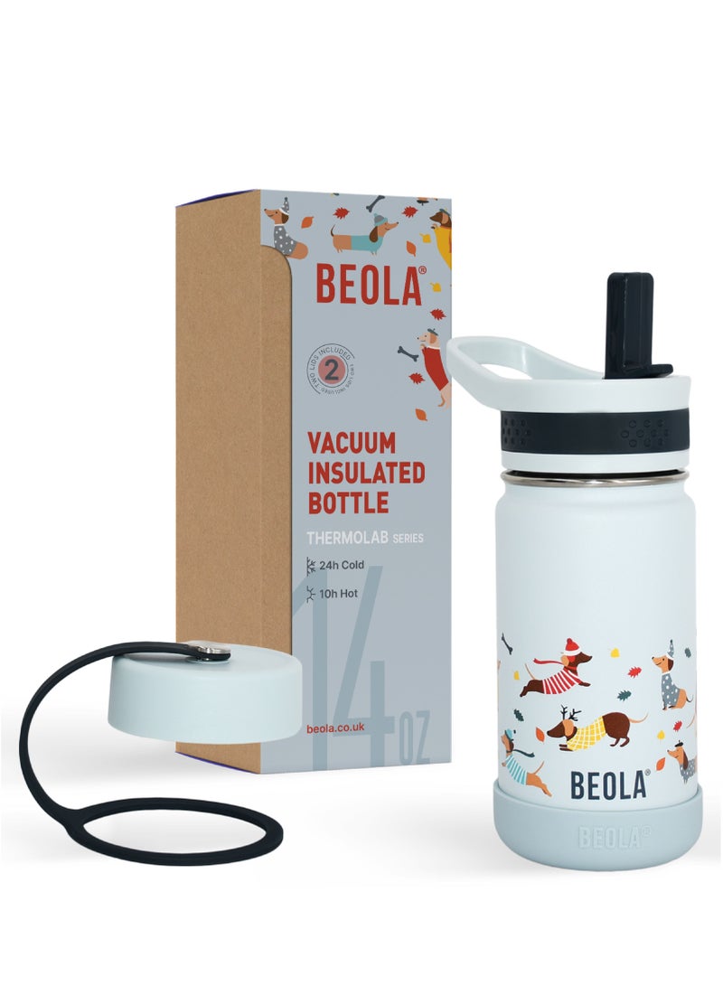 Insulated Kids Water Bottle With Straw Lid - 410ml, Doxie Dots