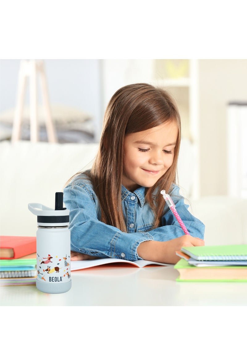 Insulated Kids Water Bottle With Straw Lid - 410ml, Doxie Dots