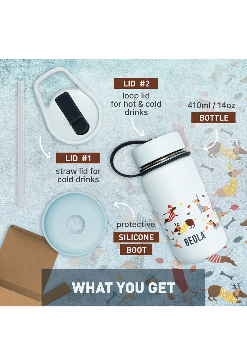 Insulated Kids Water Bottle With Straw Lid - 410ml, Doxie Dots