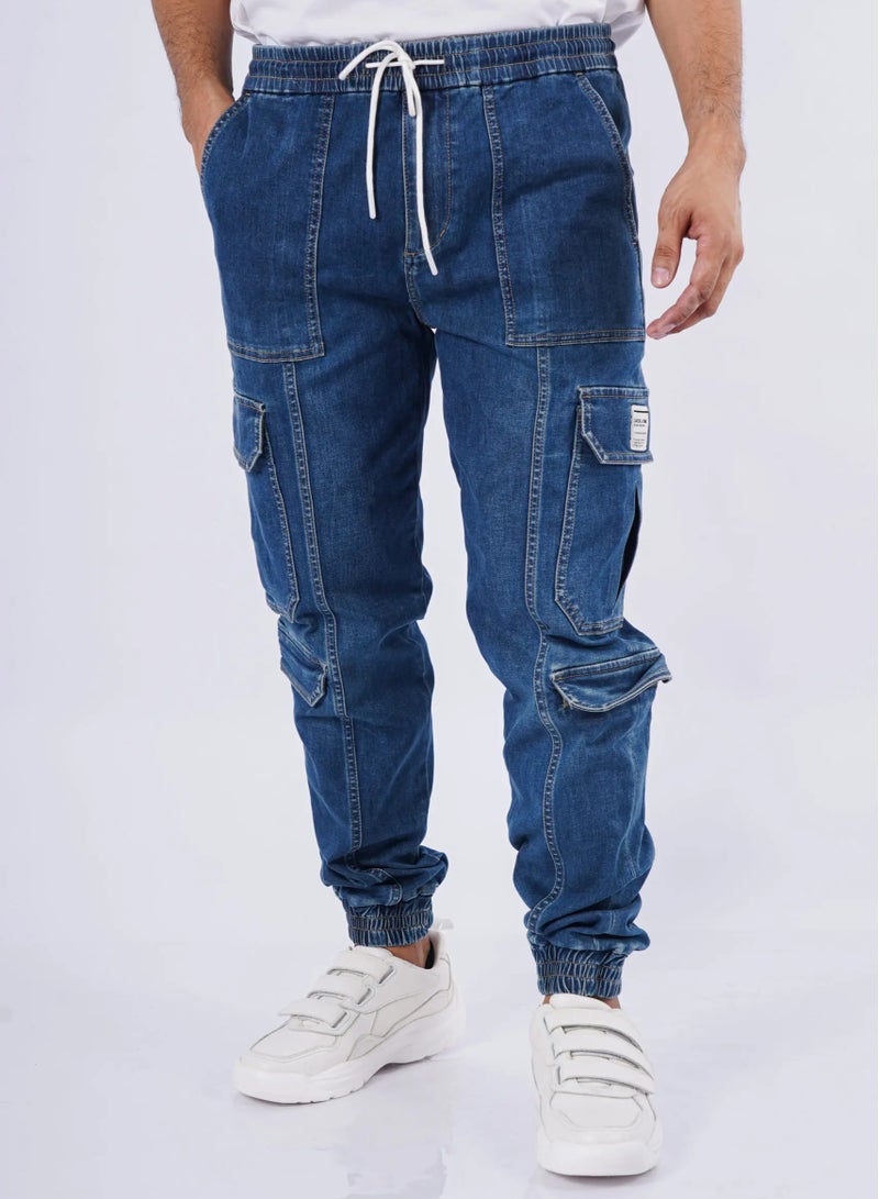 Men’s Stylish Multi Pockets Cargo Denim Pant in Blue
