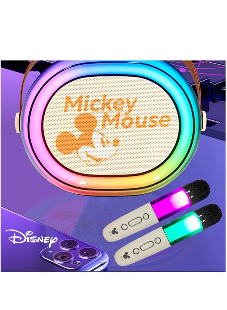 Mickey Mouse Portable Mini Karaoke all-in-one Machine Bluetooth Speaker with KTV level sound effect system with 2 Wireless Microphones RGB LED Lights Birthday Gifts Karaoke Microphone for Party