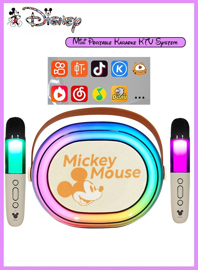 Mickey Mouse Portable Mini Karaoke all-in-one Machine Bluetooth Speaker with KTV level sound effect system with 2 Wireless Microphones RGB LED Lights Birthday Gifts Karaoke Microphone for Party