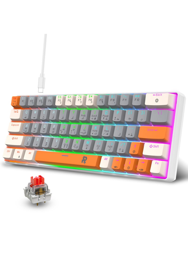 ROCK POW  60% Arabic English Mechanical Gaming Keyboard, 63keys RGB Backlit Ultra-Compact Mini Keyboard, Waterproof Mini Compact Keyboard for PC/Mac Gamer, Typist, Trip Hot  Swappable  Red Switch