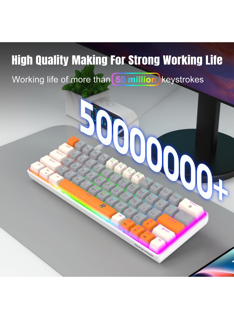 ROCK POW  60% Arabic English Mechanical Gaming Keyboard, 63keys RGB Backlit Ultra-Compact Mini Keyboard, Waterproof Mini Compact Keyboard for PC/Mac Gamer, Typist, Trip Hot  Swappable  Red Switch