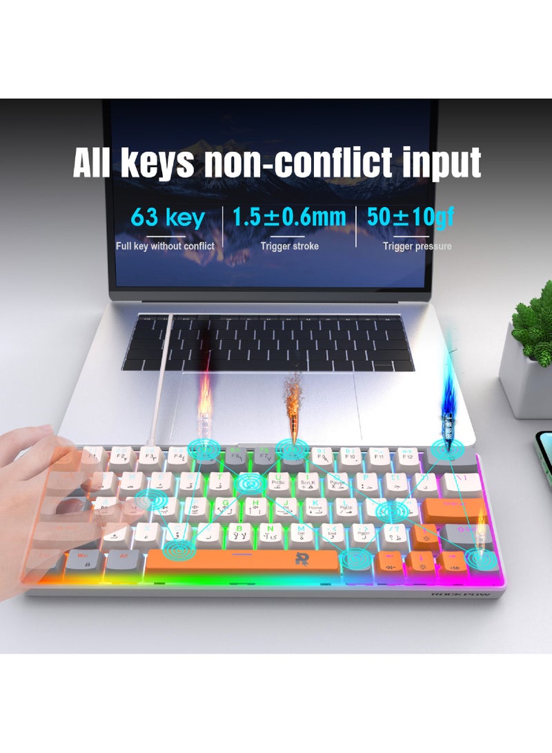 ROCK POW 60% Arabic English Mechanical Gaming Keyboard, 63keys RGB Backlit Ultra-Compact Mini Keyboard, Waterproof Mini Compact Keyboard for PC/Mac Gamer, Typist,Trip Hot  Swappable Blue Switch