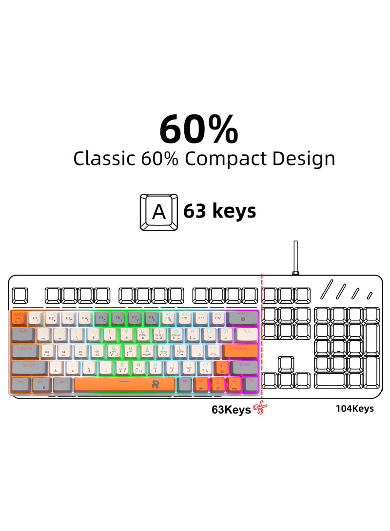 ROCK POW 60% Arabic English Mechanical Gaming Keyboard, 63keys RGB Backlit Ultra-Compact Mini Keyboard, Waterproof Mini Compact Keyboard for PC/Mac Gamer, Typist,Trip Hot  Swappable Blue Switch