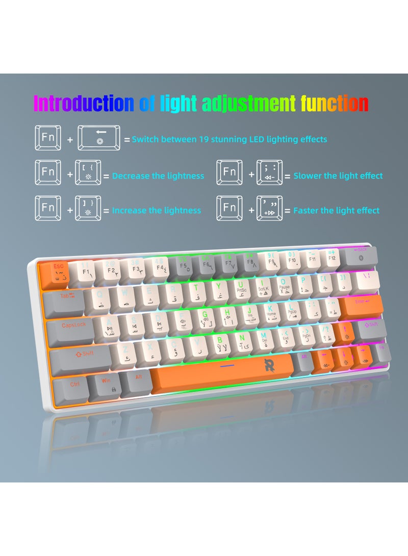 ROCK POW 60% Arabic English Mechanical Gaming Keyboard, 63keys RGB Backlit Ultra-Compact Mini Keyboard, Waterproof Mini Compact Keyboard for PC/Mac Gamer, Typist,Trip Hot  Swappable Blue Switch