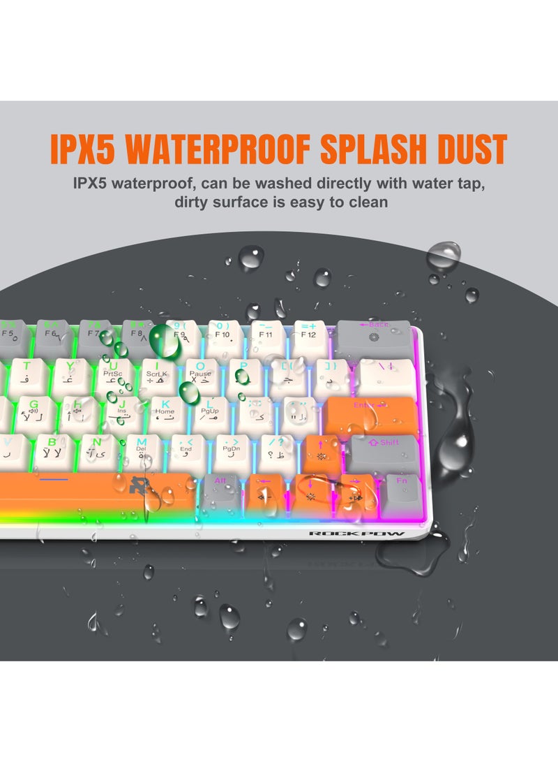 ROCK POW 60% Arabic English Mechanical Gaming Keyboard, 63keys RGB Backlit Ultra-Compact Mini Keyboard, Waterproof Mini Compact Keyboard for PC/Mac Gamer, Typist,Trip Hot  Swappable Blue Switch