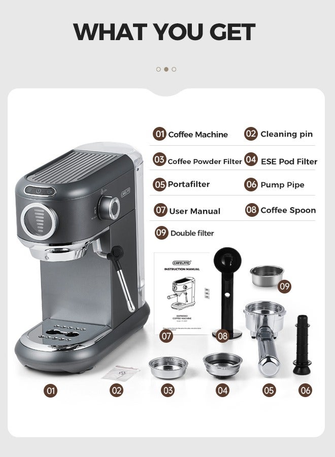 Espresso Coffee Machine Hot Cold Brew 19Bar Cappuccino Maker With 7 Levels Water Volume Adjustment And Milk Frother For ESE Pods And Powder 1.1L