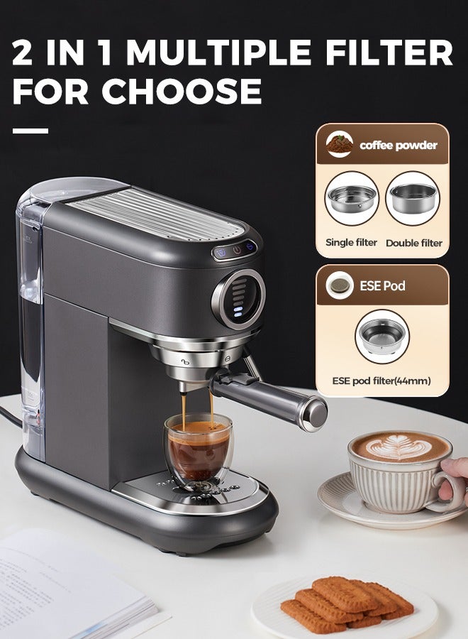 Espresso Coffee Machine Hot Cold Brew 19Bar Cappuccino Maker With 7 Levels Water Volume Adjustment And Milk Frother For ESE Pods And Powder 1.1L