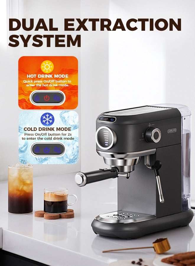 Espresso Coffee Machine Hot Cold Brew 19Bar Cappuccino Maker With 7 Levels Water Volume Adjustment And Milk Frother For ESE Pods And Powder 1.1L