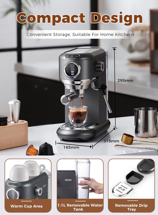 Espresso Coffee Machine Hot Cold Brew 19Bar Cappuccino Maker With 7 Levels Water Volume Adjustment And Milk Frother For ESE Pods And Powder 1.1L