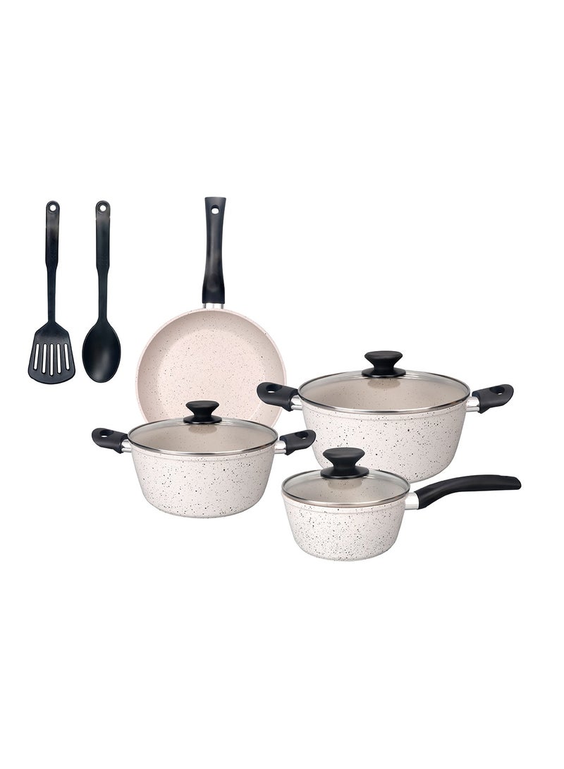 NonStick 9 Pcs Cookware Set BL090 Fry Pan Saucepan with Glass Lid 2 Cooking Pot with Glass Lid 2 Plastic Spoon Set