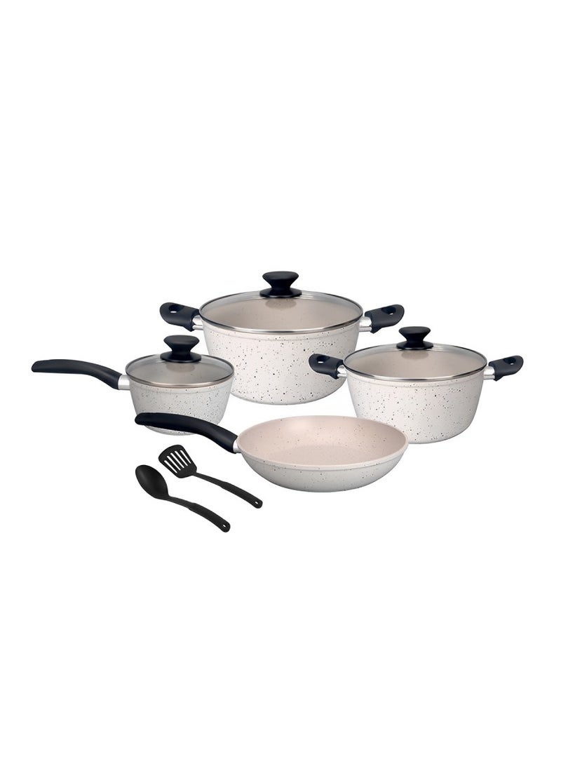 NonStick 9 Pcs Cookware Set BL090 Fry Pan Saucepan with Glass Lid 2 Cooking Pot with Glass Lid 2 Plastic Spoon Set