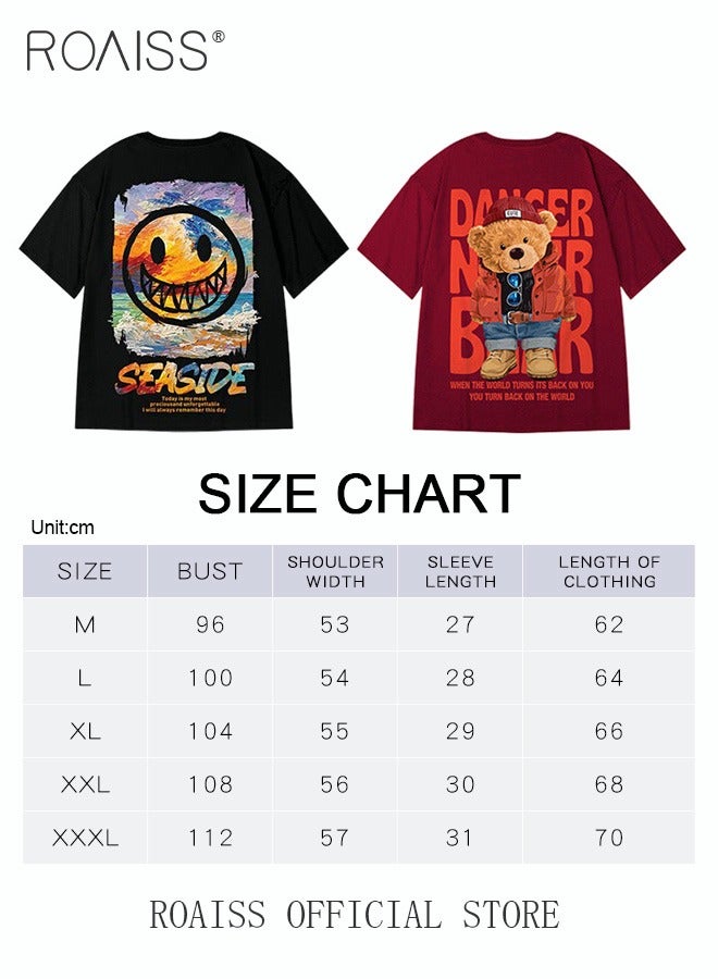2Pcs Men's T-shirt Loose Version Trendy All-Match Pattern Printing Short Sleeves