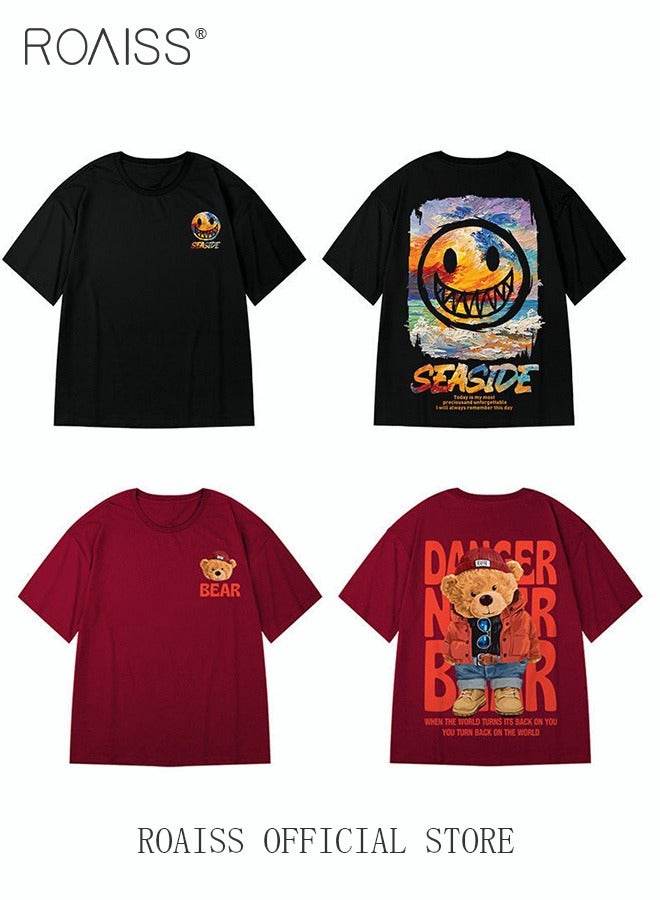 2Pcs Men's T-shirt Loose Version Trendy All-Match Pattern Printing Short Sleeves