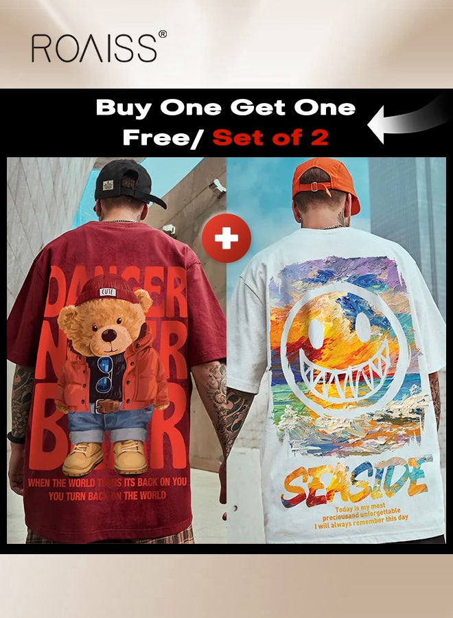2Pcs Man's T-shirt Loose Version Trendy All-Match Pattern Printing Short Sleeves