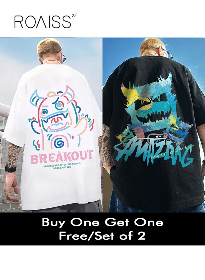 2Pcs Man's T-shirt Loose Version Trendy All-Match Pattern Printing Short Sleeves