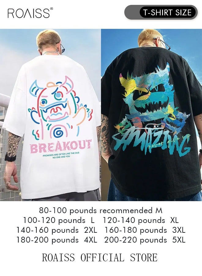 2Pcs Man's T-shirt Loose Version Trendy All-Match Pattern Printing Short Sleeves
