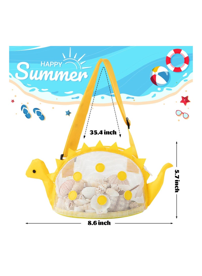 Beach Mesh Bag for Kids, Dinosaur Shaped Shell Collecting with Adjustable Carrying Straps Rock Collection Shark Tooth Hunting (2Pcs)