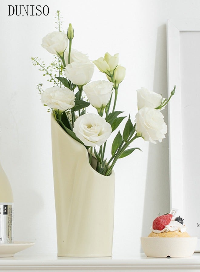 Modern Irregularity Hollow Ceramic Flower Vase White for Table Centerpiece Wedding Dining Living Room Office House Decoration