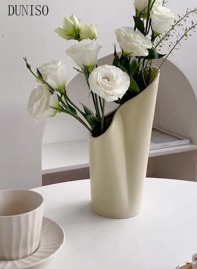 Modern Irregularity Hollow Ceramic Flower Vase White for Table Centerpiece Wedding Dining Living Room Office House Decoration