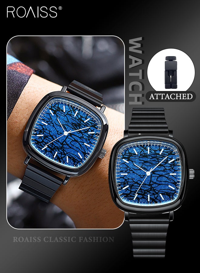 Men's Steel Strap Quartz Watch Analog Display Square Blue Shiny Dial with Unique Pattern Waterproof Luminous Wristwatch as Gift for Men