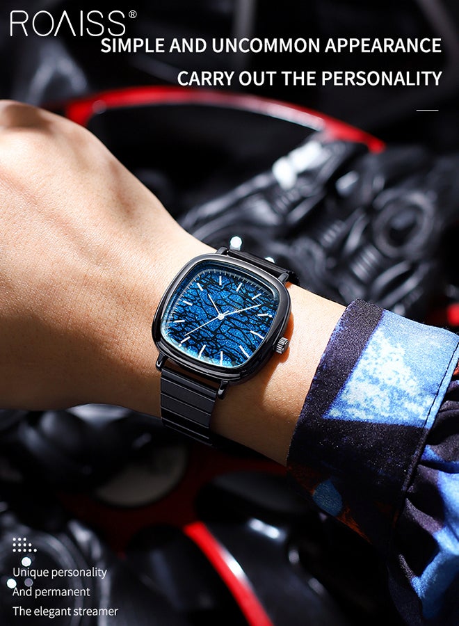 Men's Steel Strap Quartz Watch Analog Display Square Blue Shiny Dial with Unique Pattern Waterproof Luminous Wristwatch as Gift for Men