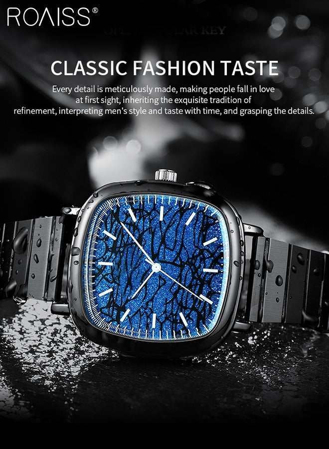 Men's Steel Strap Quartz Watch Analog Display Square Blue Shiny Dial with Unique Pattern Waterproof Luminous Wristwatch as Gift for Men