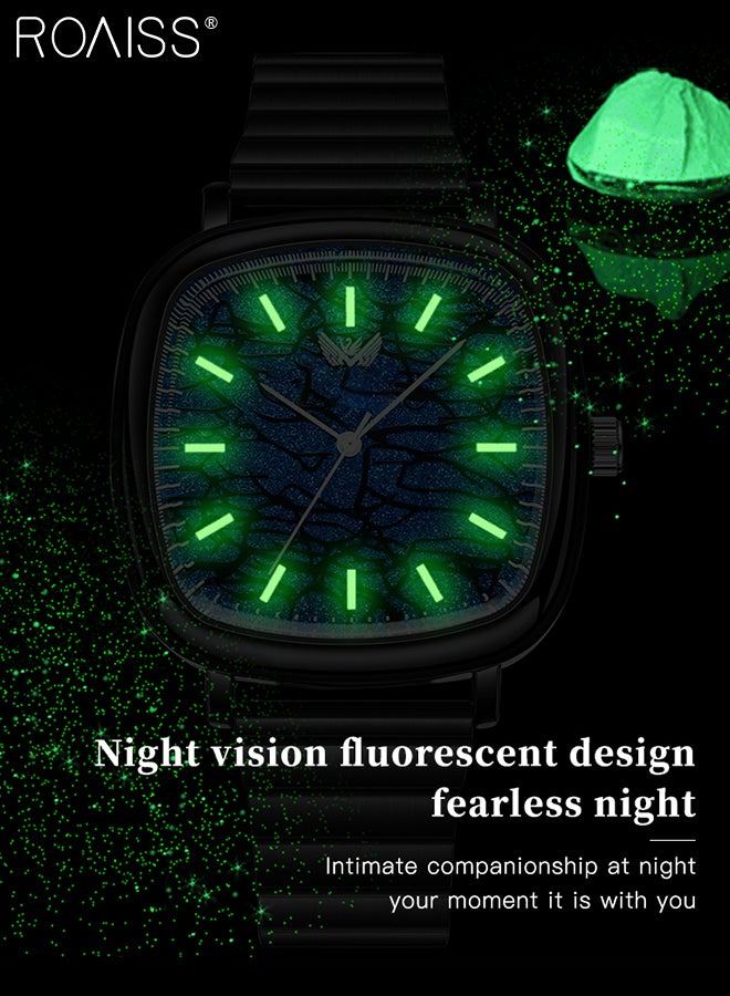 Men's Steel Strap Quartz Watch Analog Display Square Blue Shiny Dial with Unique Pattern Waterproof Luminous Wristwatch as Gift for Men