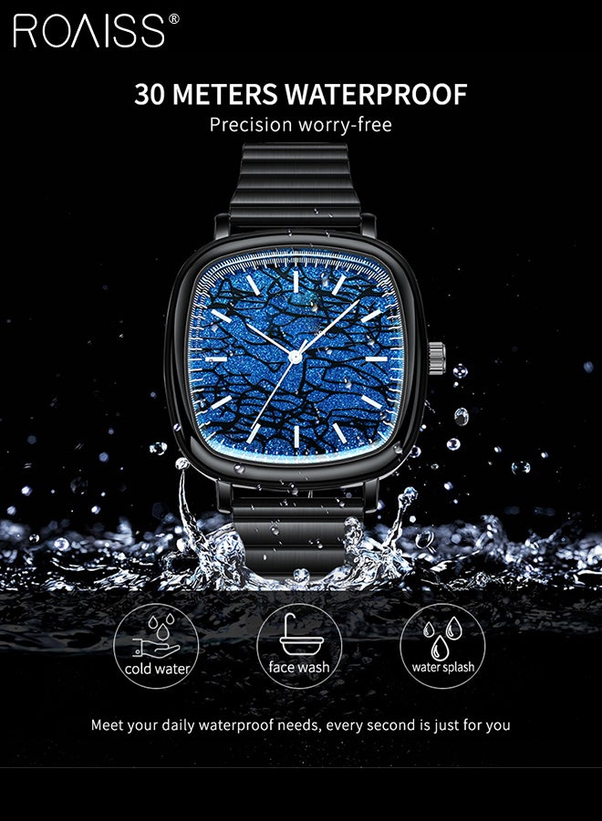 Men's Steel Strap Quartz Watch Analog Display Square Blue Shiny Dial with Unique Pattern Waterproof Luminous Wristwatch as Gift for Men