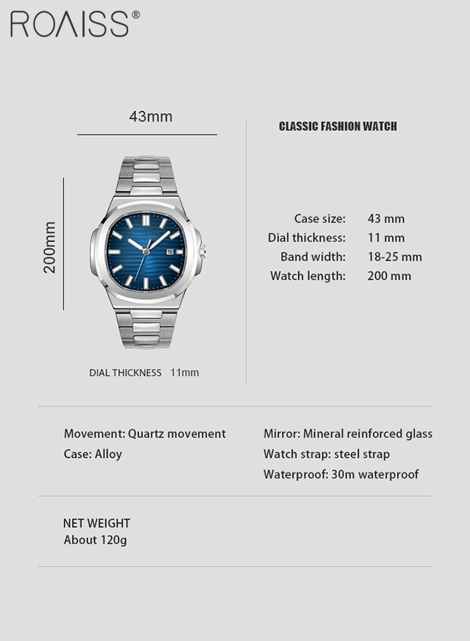 Men's Stainless Steel Strap Quartz Watch Analog Display Square Blue Dial with Calendar Waterproof Luminous Nautilus Wristwatch as Gift for Men