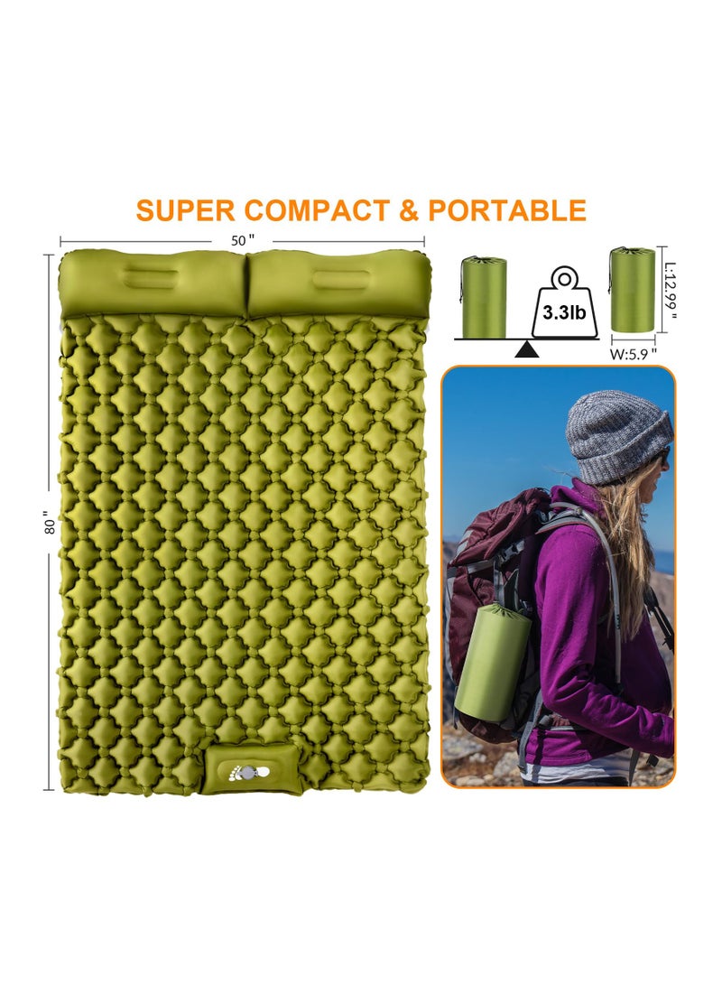 Camping Sleeping Pad, Ultralight Self Inflating Camping Pad 2 Person with Pillow Built-in Foot Pump for Camping, Hiking - Airpad, Carry Bag