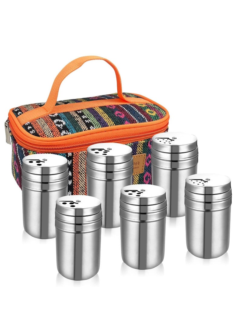 6Pcs Stainless Steel Spice Shaker, Camping Spice Kit with Travel Bag, Salt and Pepper Shakers Set For Salt Sugar Spice Dry Herb Spice, for Home or Outdoor Use