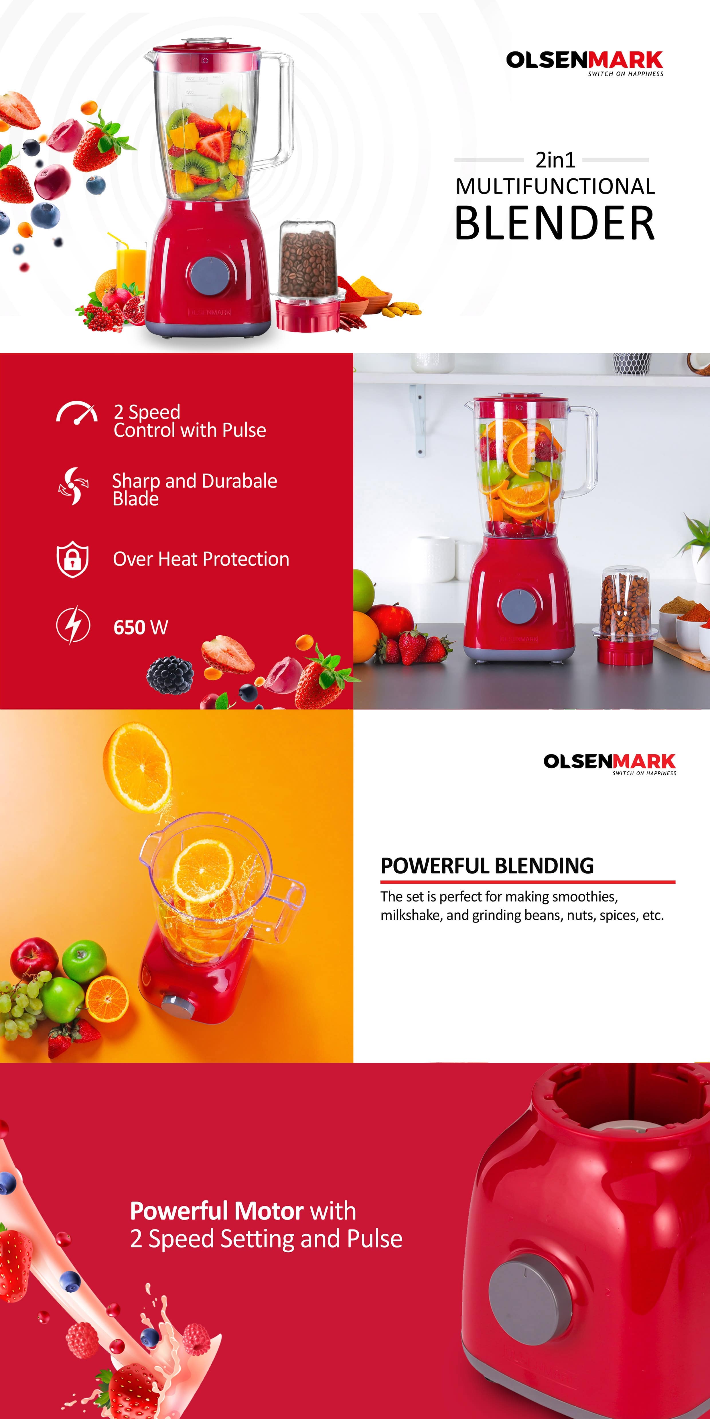 2-In-1 Juicer Blender Chopper Set 1.8 L OMSB2362N, 650W Powerful Motor With 2 Speed Setting And Pulse, Transparent And Unbreakable Jars With Stainless Steel Blade, Grinder Attachment 1.8 L 650 W OMSB2362N Red