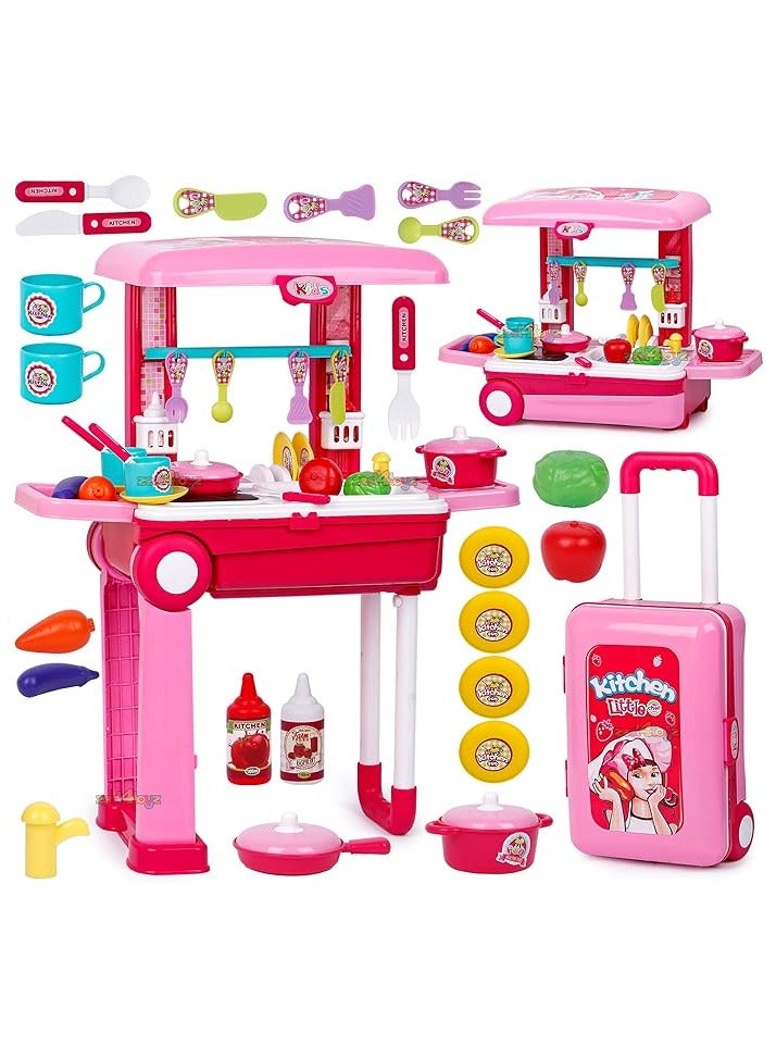 Little Chef 2 in 1 Kitchen Playset, Kitchen Utensil Set With Trolly, Multi-Color With Lights and Sound
