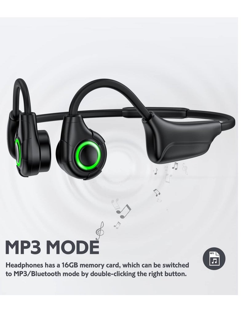 Bone Conduction Headphones, Bluetooth Open Ear Running Headset Wireless, with Mic Headphones Sport IP67 Waterproof Headphone Built-in 16GB Memory Cool Breathing Light