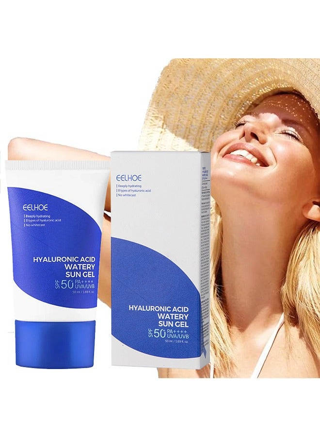 Hyaluronic Acid Watery Sun Gel SPF 50+ Pa++++, Natural Moisturizing Sunscreen, Sun Protection Cream for Face, Water Resistant and Non Greasy Sunscreen, Against UVA & UVB Radiation, 50ml