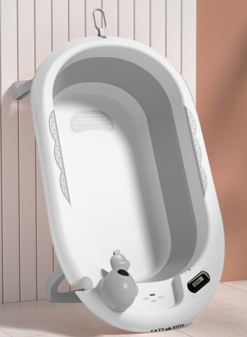 Temperature Controlled Foldable Bathtub With Intelligent Temperature Monitoring Thermometer And Baby Head Shampoo Wash Rinse Mug - Grey
