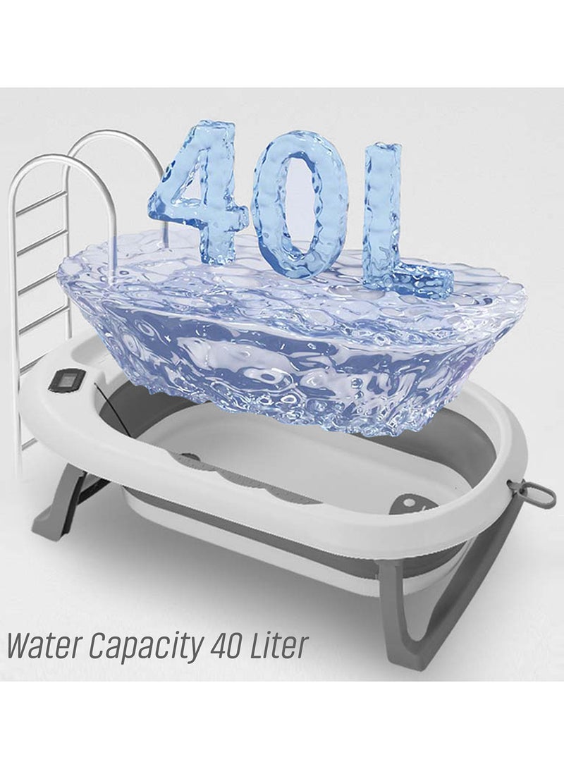 Temperature Controlled Foldable Bathtub With Intelligent Temperature Monitoring Thermometer And Baby Head Shampoo Wash Rinse Mug - Grey