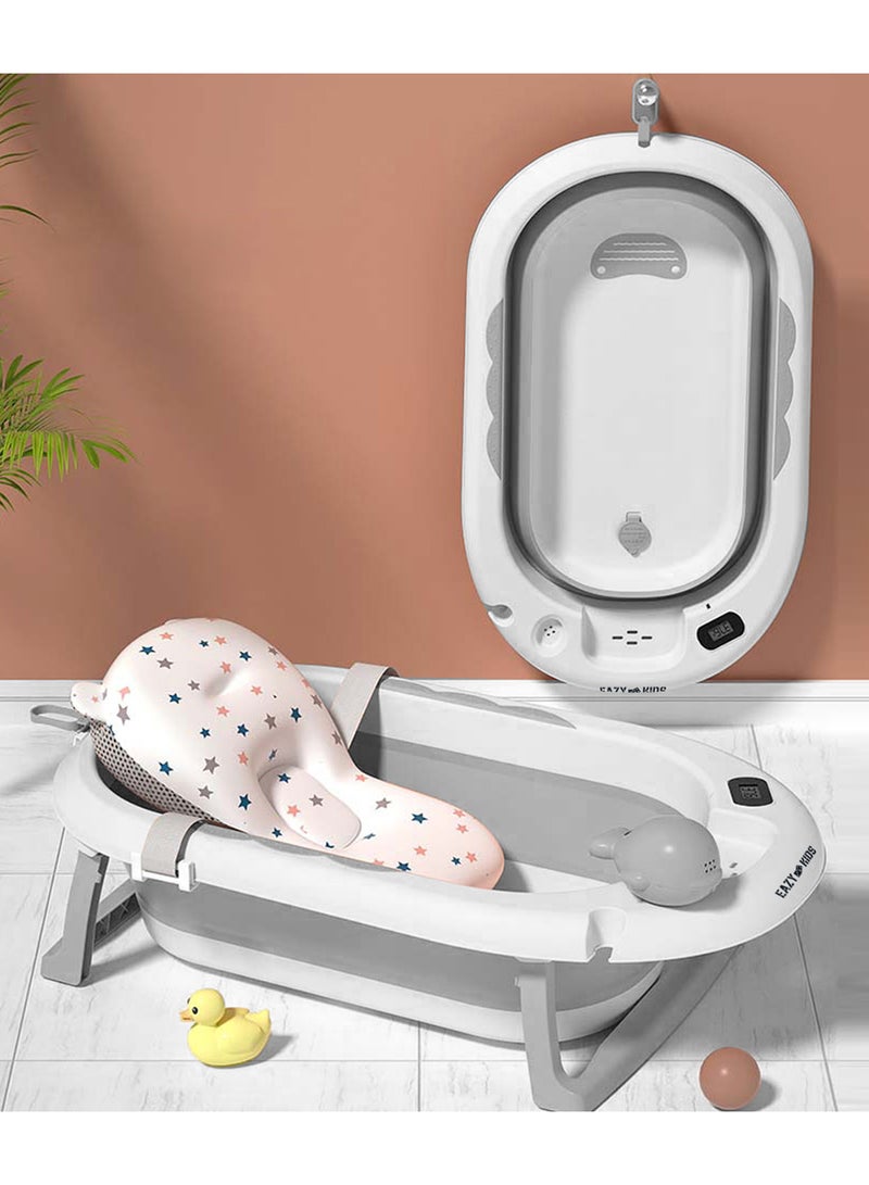 Temperature Controlled Foldable Bathtub With Intelligent Temperature Monitoring Thermometer And Baby Head Shampoo Wash Rinse Mug - Grey