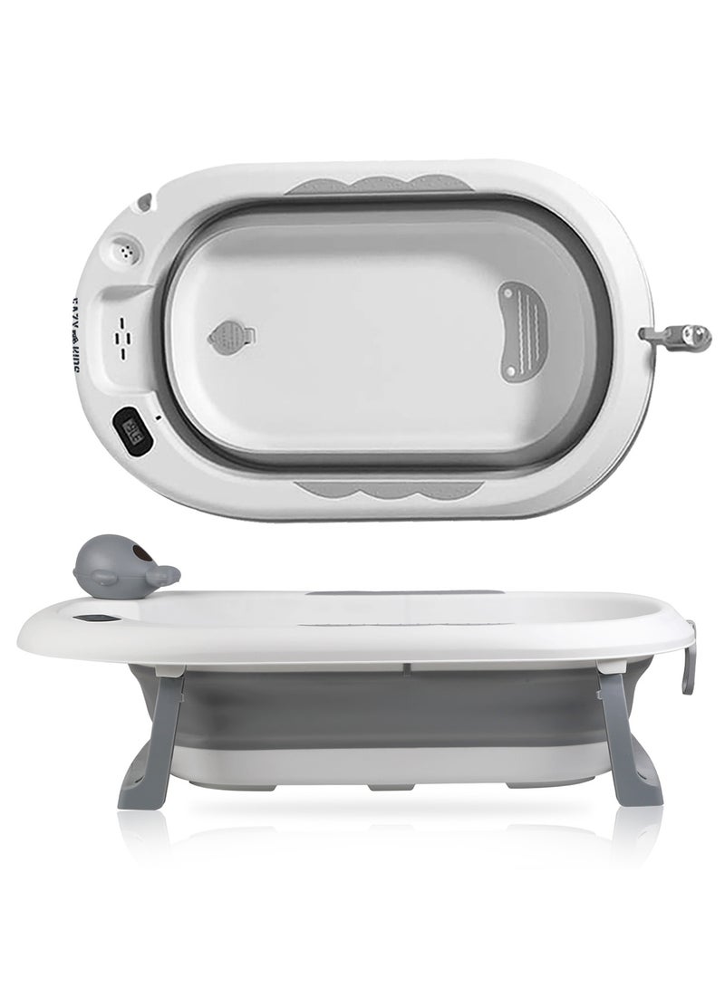 Temperature Controlled Foldable Bathtub With Intelligent Temperature Monitoring Thermometer And Baby Head Shampoo Wash Rinse Mug - Grey