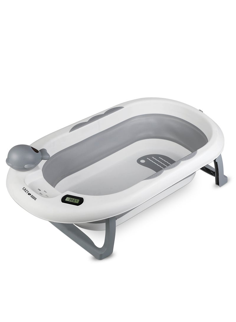 Temperature Controlled Foldable Bathtub With Intelligent Temperature Monitoring Thermometer And Baby Head Shampoo Wash Rinse Mug - Grey