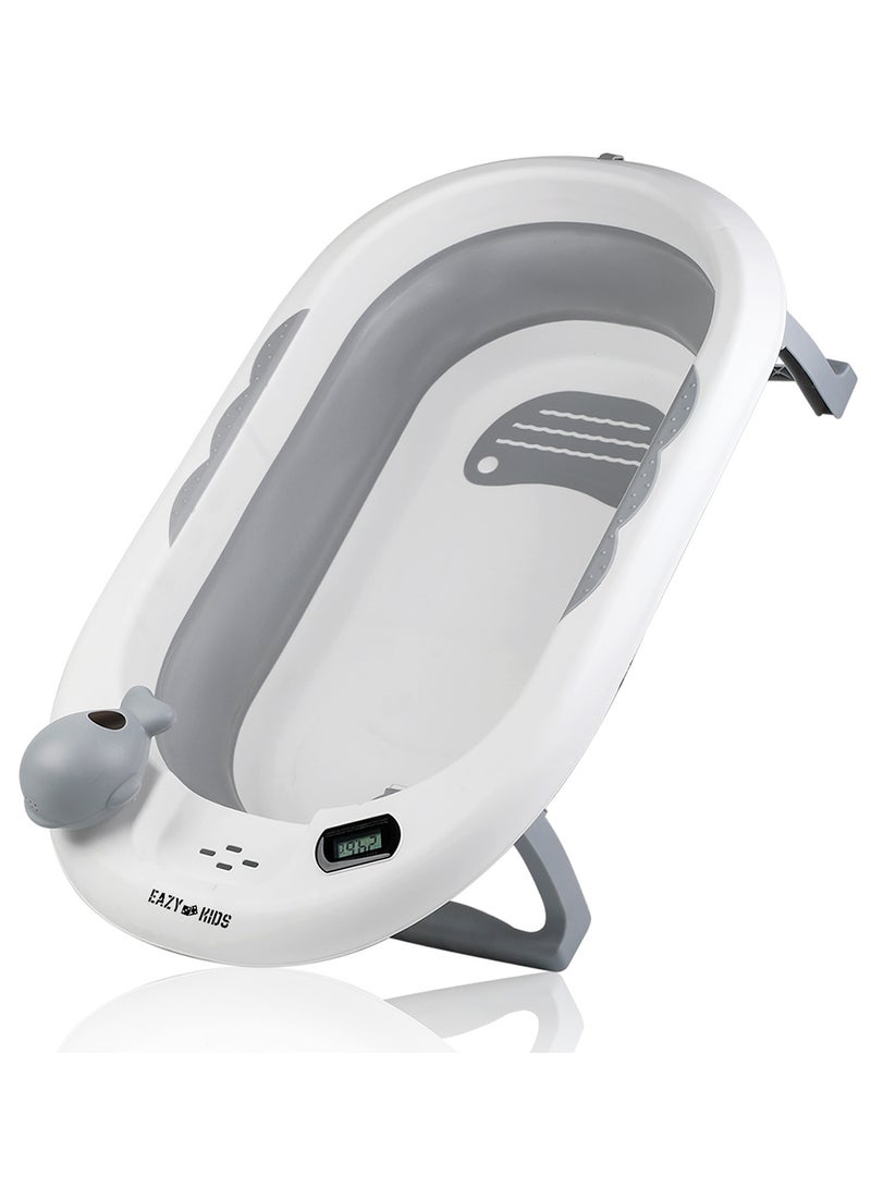 Temperature Controlled Foldable Bathtub With Intelligent Temperature Monitoring Thermometer And Baby Head Shampoo Wash Rinse Mug - Grey