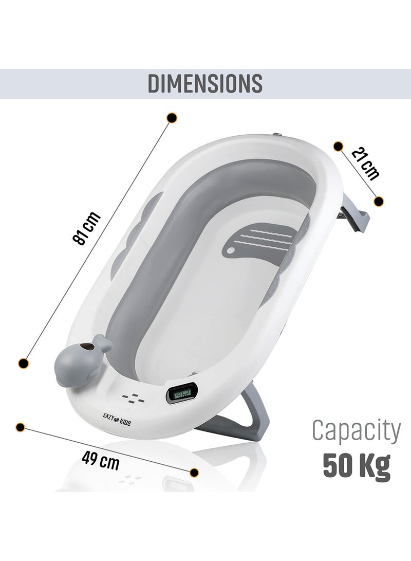 Temperature Controlled Foldable Bathtub With Intelligent Temperature Monitoring Thermometer And Baby Head Shampoo Wash Rinse Mug - Grey