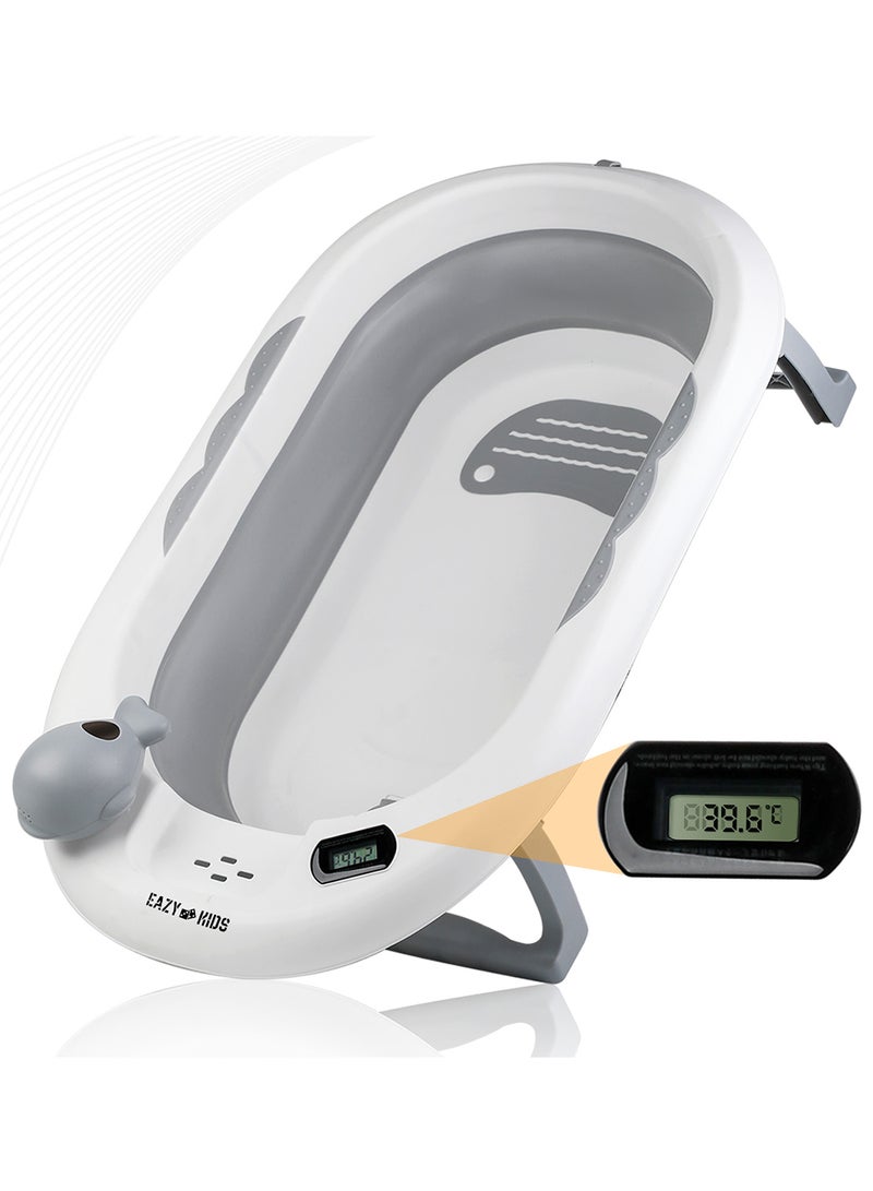 Temperature Controlled Foldable Bathtub With Intelligent Temperature Monitoring Thermometer And Baby Head Shampoo Wash Rinse Mug - Grey