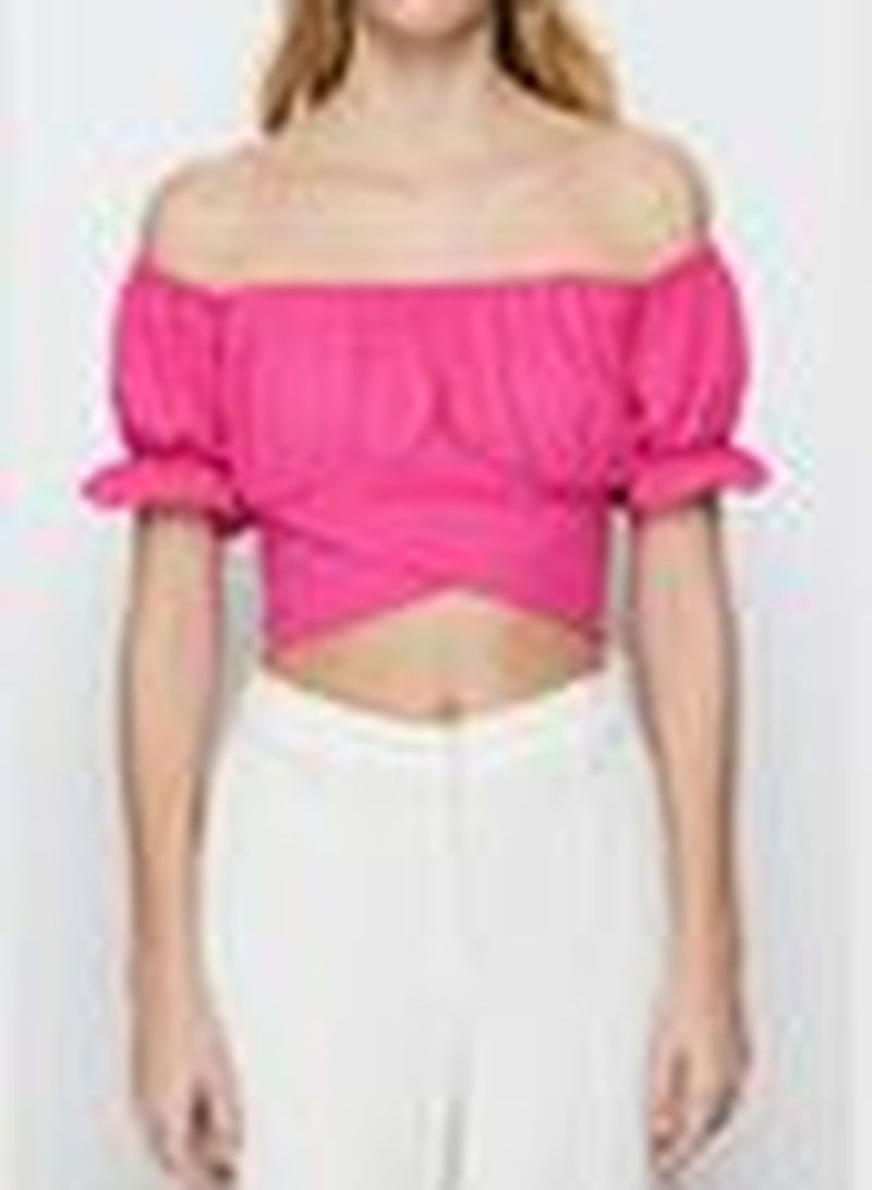 Pink Tie Detailed Carmen Collar Woven Blouse TWOSS21BZ0797