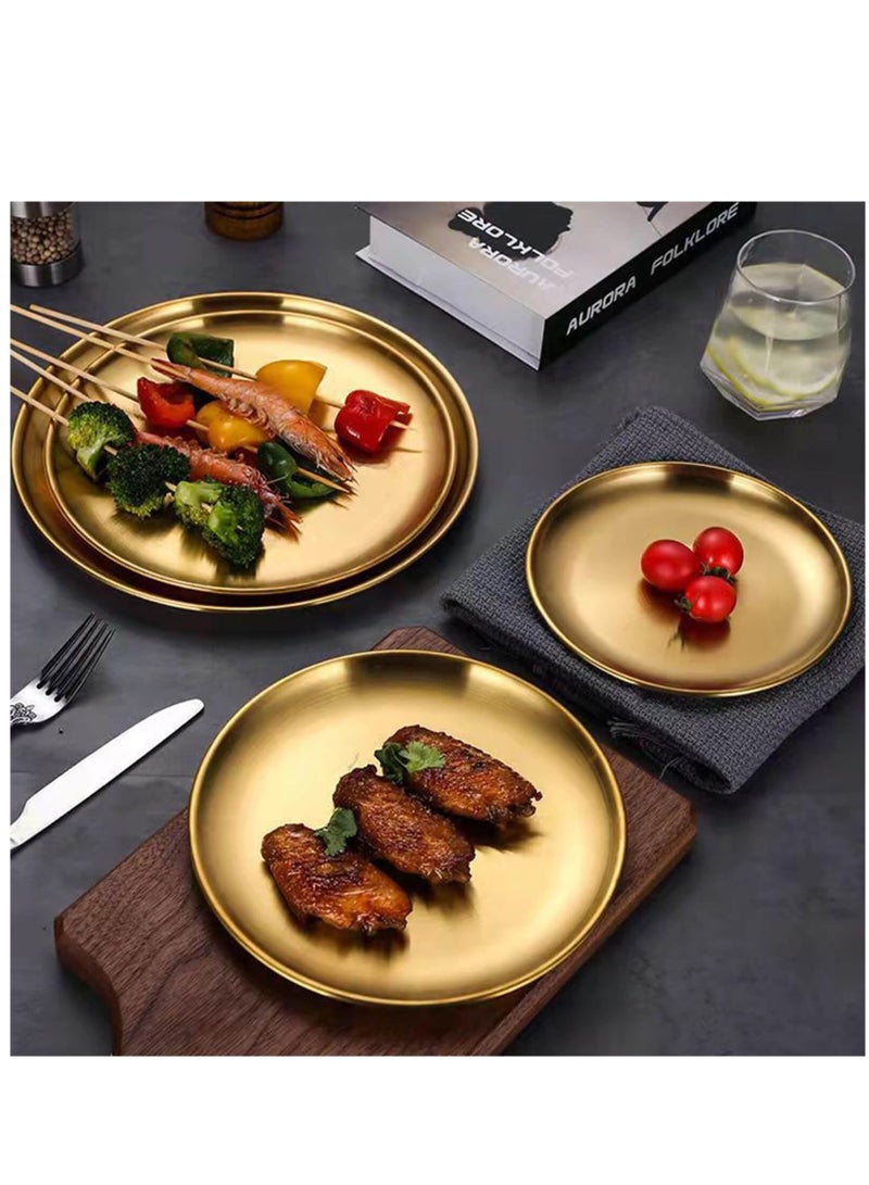 Reusable 304 Stainless Steel Plates, 10 Inch Metal Round Dinner Dishes Set, Large Reusable Gold Tray, Gold Dessert Salad Plates, Breakfast Serving Plates for Kitchen Home Camping Outdoor Party, 2 Pack