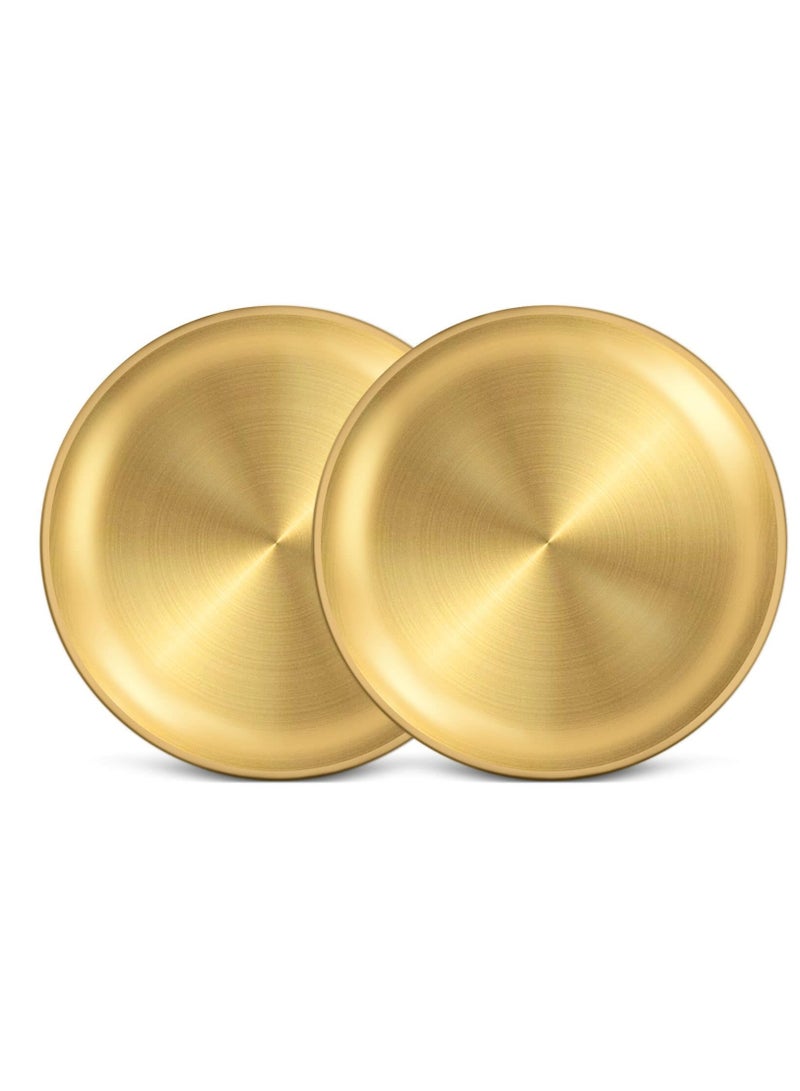 Reusable 304 Stainless Steel Plates, 10 Inch Metal Round Dinner Dishes Set, Large Reusable Gold Tray, Gold Dessert Salad Plates, Breakfast Serving Plates for Kitchen Home Camping Outdoor Party, 2 Pack